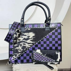 Bolso Tote de Cuero Vacuno Repujado Hecho a Mano de Primera Calidad con Conjunto Combinado de Cartera de Mano y Bolso de Pulsera, Patrón a Cuadros, Conjunto Combinado de 2 Piezas para Mujer - Product Image 1