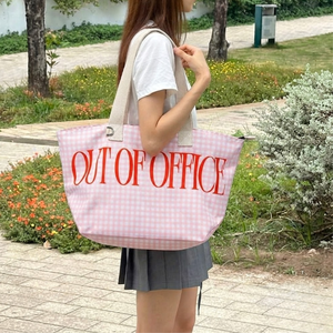 Pink Gingham <b>Zipper</b> <b>Tote</b> <b>Bag</b> Large Capacity Shoulder Shopping <b>Bag</b> Casual Carryall for Daily Use - Product Image 4