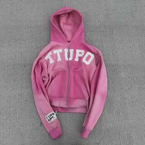 Custom Vintage Washed Regular Fit Men's Zip Hoodie Heavyweight Cotton Fleece Lined Chenille Letter Embroidery Full Zip Hoodies - Product Image 3