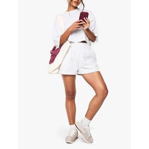 T-shirt court en molleton de coton pour femme, style décontracté d'été, avec 2 poches latérales, coupe ample, épaules tombantes, manches courtes - Product Image 3