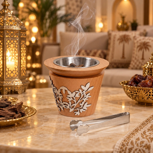 Brûleur à Bakhoor en bois naturel et acier inoxydable |   Porte-encens Oud Arabe Mabkhara à motif floral ajouré pour Ramadan, Aïd, Majlis et usage domestique - Product Image 4