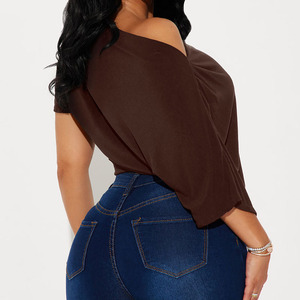 Hot Sale Women's Off The Shoulder Bodysuit Solid Brown Asymmetrical Short Sleeve Stretch Knitted Summer Style Sexy Fit Bodysuit - Product Image 2