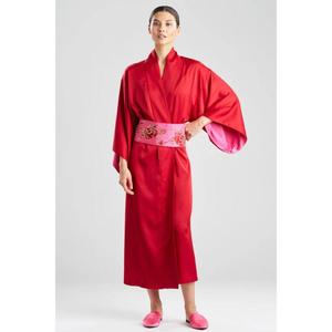 Kimono de satén rojo liso ecológico para mujer, largo hasta el suelo, de manga larga, con cinturón bordado, estilo vestido de descanso. - Product Image 1