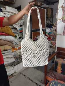 Bolso Tote Bohemio de Macramé y Ganchillo de Algodón con Patrón de Rejilla de Diamantes, Dos Asas de Hombro, Parte Superior Abierta, Hecho a Mano para Playa, Casual para Mujer - Product Image 1