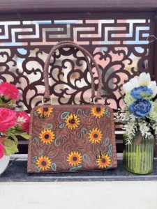 New Arrival Real Hand Tooled Carving Leather Tote Bag Gypsy Boho Vintage Sunflower Design Handmade Shoulder Stylish Bags - Product Image 4