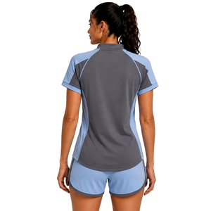 Conjunto deportivo de camiseta y pantalones cortos para mujer, gris y azul claro, con media cremallera, de secado rápido, manga corta, para fitness, gimnasio, correr, personalizado. - Product Image 2