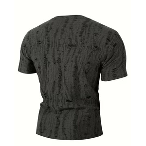 Camiseta de punto vintage desgastada de gran tamaño, estilo casual urbano, rasgada, de manga corta para hombre, 100% algodón, antiarrugas - Product Image 4