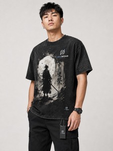 Camiseta de punto holgada para hombre con logo personalizado, lavado ácido, 100% algodón, ecológica, transpirable, manga corta, cuello redondo, OEM, bajo costo. - Product Image 5
