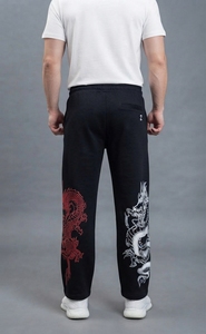 Pantalon de survêtement noir pour homme, imprimé dragon, taille élastique avec cordon de serrage, style décontracté, respirant, en coton léger, avec poches latérales - Product Image 2