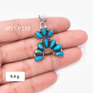 Pendentif en argent sterling 925 de style vintage, solide, avec breloques en turquoise bleue, fait main, bijoux bohèmes vintage - Product Image 2