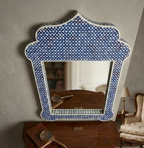 Miroir mural décoratif fait main en forme de Mihrab, bleu floral, pour entrée et chambre à coucher - Product Image 4