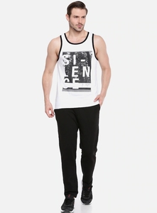 Men's White Cotton Tank Top With Black Trim And Front Letter Print Casual Sleeveless O-Neck Design Breathable Knitted Style - Product Image 5