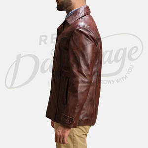 Veste en cuir marron vintage pour homme, classique, décontractée, boutonnée, en cuir véritable, coupe ajustée rétro, légère, pour l'automne - Product Image 5