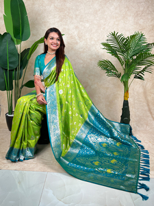 Sari de Seda Banarasi Premium con Tejido Zari, Prenda Étnica Festiva en Verde Loro, Rosa, Verde Pistacho, Morado y Violeta con Blusa sin Coser - Product Image 3
