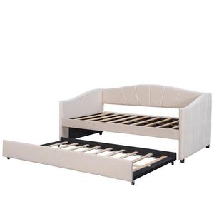 Beige Upholstered Daybed Sofa Bed Twin Size with Trundle Bed and Wood Slat - Product Image 3