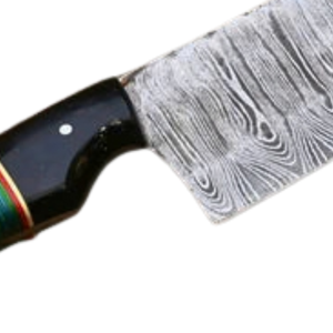 Couteau de chef à motif Damas argenté avec manche géométrique noir et crème, accent rayé multicolore, lame fixe, couteau de cuisine pour trancher - Product Image 4
