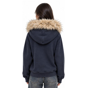 Women's <b>Navy</b> Blue Hooded Sweatshirt With Faux Fur Trim And Front Print Winter Zip-Up Jacket Regular Fit <b>Knitted</b> Cotton - Product Image 3