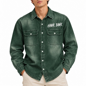 <b>Men</b> Denim <b>Shirt</b> Classic Long Sleeve Casual Button Down Front Logo Washed Cotton Twill Full Sleeve Turn-down <b>Collar</b> Denim <b>Shirt</b> - Product Image 1