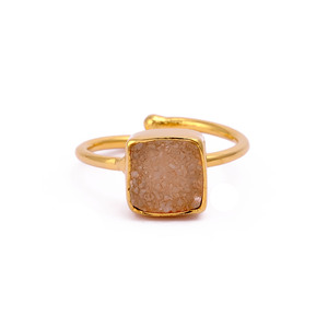Handmade 18K Gold-Plated <b>Adjustable</b> Brass Bohemian Bezel Setting Ring Natural Peach Druzy <b>Square</b> Gemstone Statement Jewelry for - Product Image 1