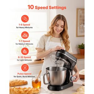 Batteur sur socle avec 2 bols en acier inoxydable de 5,3 et 4,4 litres, 10+ vitesses, tête inclinable, crochet pétrisseur, fouet métallique, mélangeur de cuisine - Product Image 4