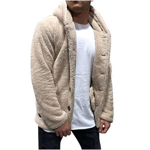 Veste d'hiver épaisse à capuche en fausse fourrure sherpa beige pour homme, fermeture à boutons - Product Image 1