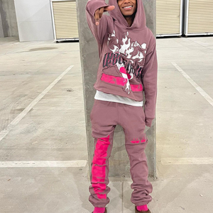 <b>Men</b>’s Distressed Embroidery Tracksuit Vintage Washed Hoodie <b>Jogger</b> Pants Heavyweight Streetwear Fashion Casual Two Piece Set - Product Image 5