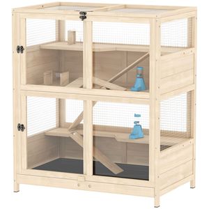 Jaula de Madera de 4 Niveles para Hámsters de Razas Medianas a Grandes con Techo Abatible de Malla, Bandeja Extraíble, Cabañas, Balancines, Rampas y Botellas de Agua - Product Image 1