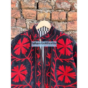 Red Floral Embroidered Velvet Jacket <b>Coat</b> Handmade Short Winter Casual Jacket With Inside Cotton Lining - Product Image 2