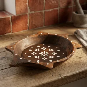 Plateau décoratif vintage indien en bois avec incrustations de os, fait main, pour bougies, serviettes de salle de bain, décoration de console ou de buffet - Product Image 6