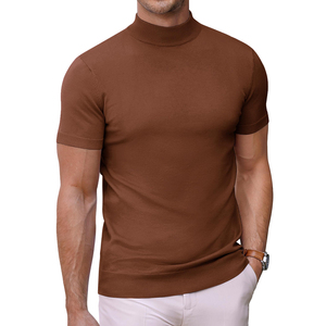 <b>Men's</b> Brown Short Sleeve Knitted <b>Turtleneck</b> Pullover Solid Color Regular Fit Summer <b>Sweater</b> Top - Product Image 1