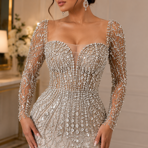 Dentelle en cristal blanche de luxe faite à la main, 100% polyester, légère, broderie florale en strass argentés, tissu respirant - Product Image 2