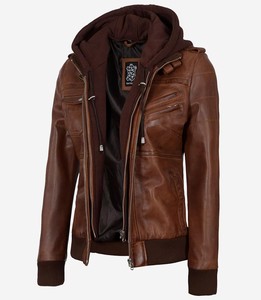 Chaqueta Bomber de Cuero Marrón Vintage para Mujer, con Capucha Desmontable, Chaqueta de Motociclista, Personalizada OEM, Cuero Genuino Teñido Satinado, Impermeable, Venta al Por Mayor - Product Image 3