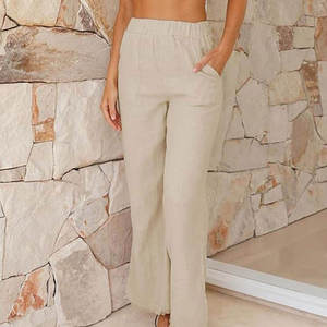 Women's Solid Color <b>Wide</b> <b>Leg</b> <b>Linen</b> Pants High Waist Elastic Loose Fit Full Length Casual Summer Style With Frayed Edges - Product Image 5