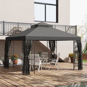 Abri de jardin d'angle 3x3,6m avec étagères, double toit, auvent extérieur et moustiquaire pour villas et cours, disponible en gris - Product Image 2