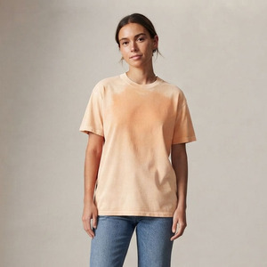T-shirt en coton à manches courtes pour femme, coupe ample, col rond, couleur unie, décontracté, respirant, longueur normale, effet délavé soleil, printemps-été - Product Image 1