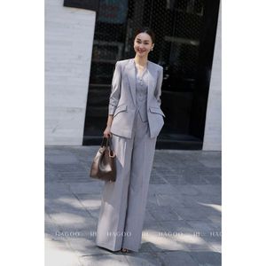 Pantalon large taille mi-haute en polyester respirant pour femme Q9041, gris - Product Image 3