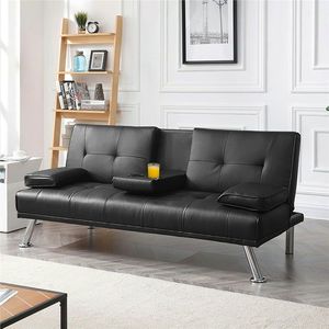 Divano letto moderno Futon in similpelle, con portabicche e cuscini - Product Image 2