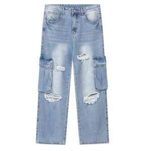 Jean cargo déchiré bleu clair pour homme, taille élastique, denim délavé, style décontracté automne, poids moyen, écologique - Product Image 3