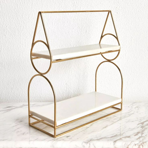 Support à gâteau moderne et créatif en métal doré à deux niveaux avec étagères blanches pour la présentation de desserts et la décoration intérieure au prix le plus bas - Product Image 1