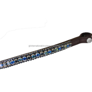 Handcrafted from Italian Leather Blue Branded Crystals <b>Shining</b> Diamante bling Wave Shape Leather horse brow band in full cob - Product Image 3