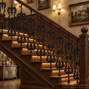 European Style <b>Wooden</b> Curved Staircase Handrail with Black Wrought Iron Balusters - Product Image 3