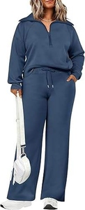 Ensemble de sport décontracté deux pièces pour femme en polyester, col rabattu, poches zippées, taille élastique ample, manches longues et jambes larges - Product Image 2