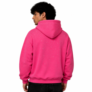 Manufacturer Apparel OEM Unisex Hotfix <b>Pink</b> Top Fleece Hoodies Custom All Over Rhinestone Blank Oversized Loose Pullover Fit - Product Image 2