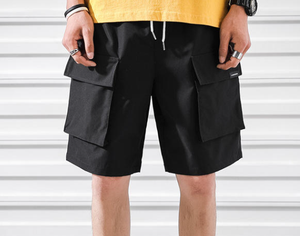 Shorts cargo vert olive pour homme, taille mi-haute, cordon élastique, style bermuda décontracté avec poches, tissu en toile 100% coton - Product Image 2
