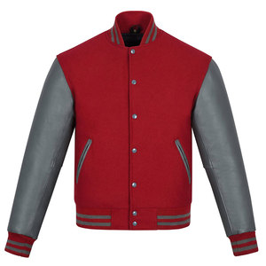 Wholesale Men's <b>Red</b> Varsity <b>Jacket</b> Gray Polyester Sleeves Zipper <b>Waterproof</b> Casual Style Autumn Wear Discharge Stand Collar - Product Image 1