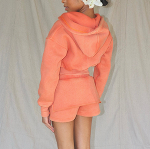 Women's Orange Fleece 2 Piece Shorts <b>Set</b> Hooded Crop Top Full Sleeve Loose Fit Casual Spring Summer Wear Women's <b>Sets</b> - Product Image 4