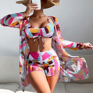 Women Geometric Print 2 Piece <b>Bikini</b> Set <b>Push</b> <b>Up</b> <b>Top</b> High Waisted Shorts With Long Sleeve Cover <b>Up</b> Swimwear - Product Image 4