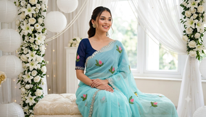 Sari de Rayón Azul Claro con Bordado Floral y Borde Plateado, Traje Tradicional de Boda para Mujer, Estilo India-Pakistán, Largo hasta el Suelo - Product Image 2