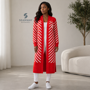 Delta | Sigma | Theta Women's Longline Open Front Cardigan <b>Red</b> White Striped Ribbed Cuffs Embroidered Duster With Side Slit - Product Image 6