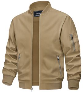 Khaki Men Bomber <b>Jacket</b> <b>Zip</b> <b>Up</b> Lightweight Windproof Casual Streetwear Outerwear With Ribbed Collar and Pockets - Product Image 5